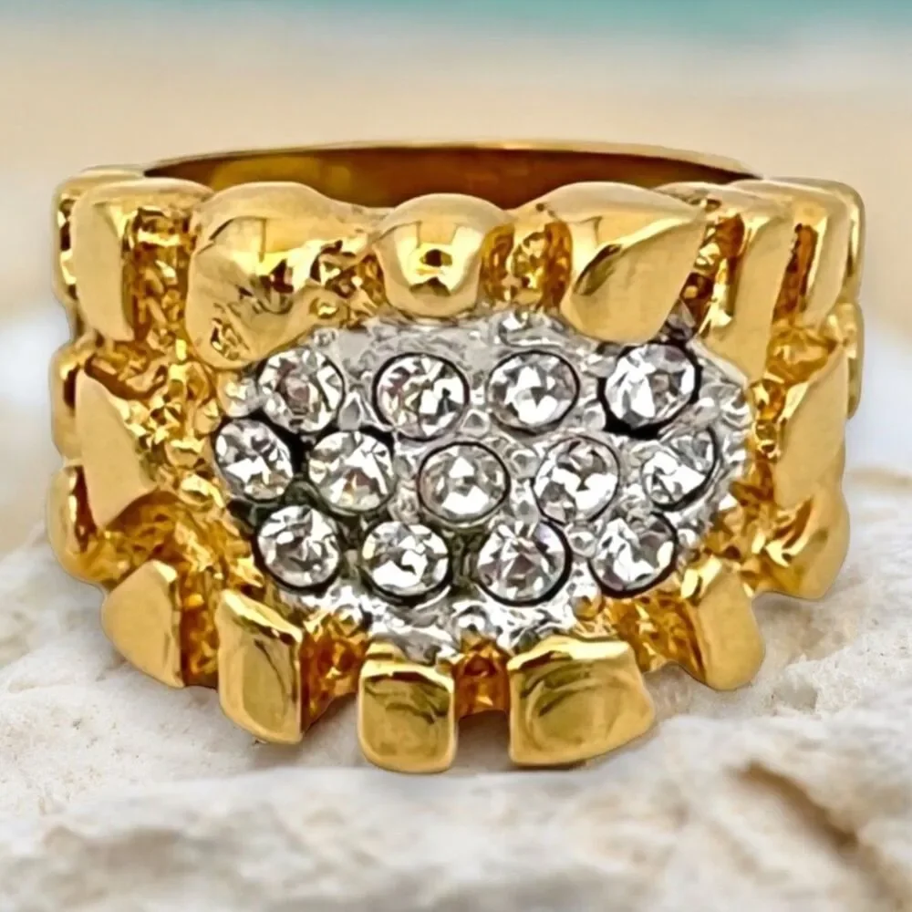 Vintage 1970s Nugget Ring Crystal Accents 14K Gold Plate Mens Size 9 - 5J